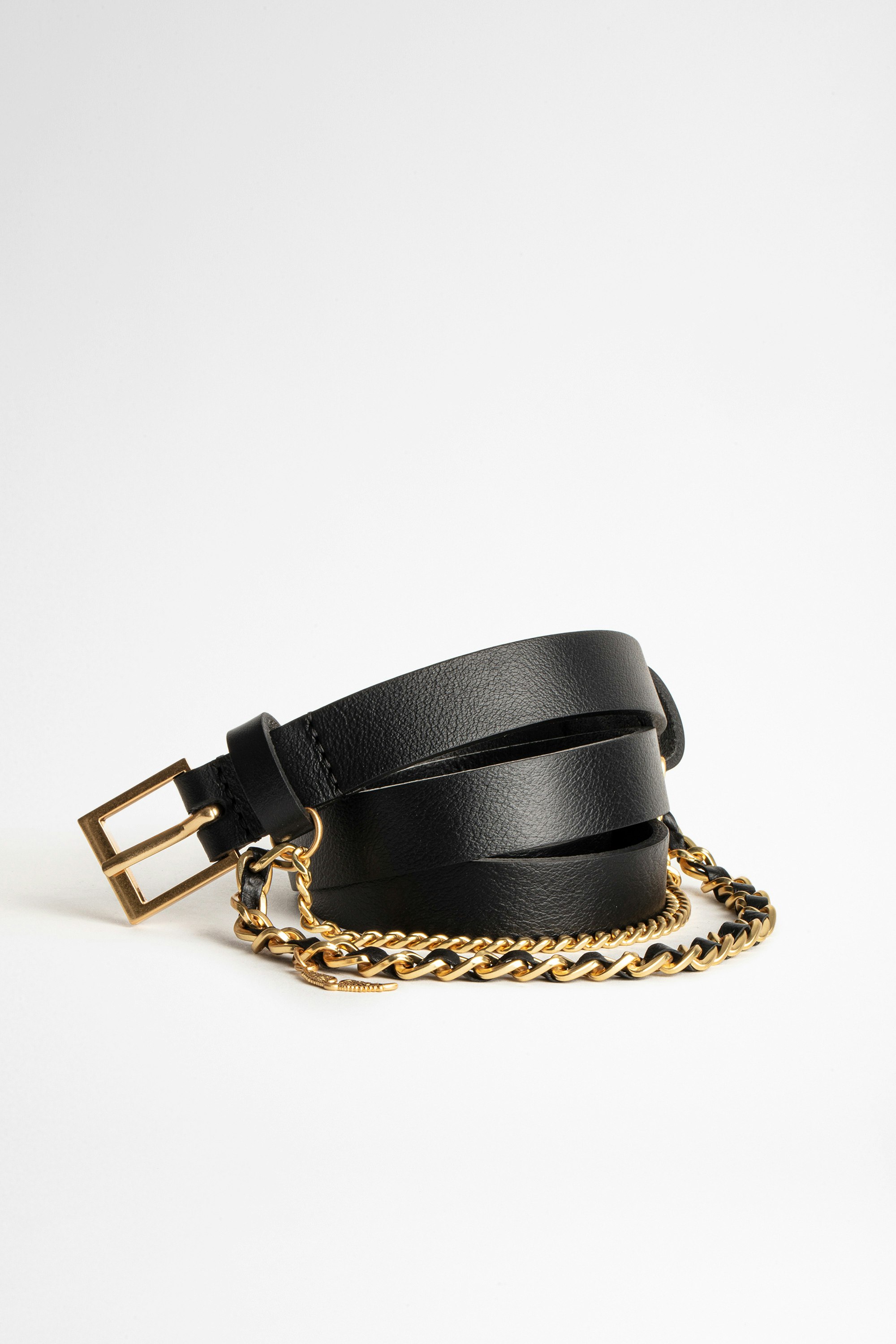 Cintura Rock Chain Cintura in pelle nera da donna Zadig&Voltaire con catena dorata.