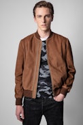 Larson suede bomber jacket Leather - Men’s cognac goatskin suede jacket