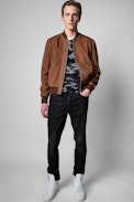 Larson suede bomber jacket Leather - Men’s cognac goatskin suede jacket