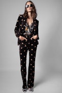 Poete Velvet Trousers - Women's black velvet trousers with floral embroidery