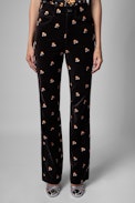 Poete Velvet Trousers - Women's black velvet trousers with floral embroidery
