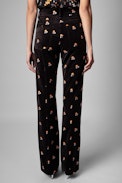 Poete Velvet Trousers - Women's black velvet trousers with floral embroidery