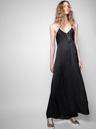 Rayonne Satin Dress - Women's long black dress