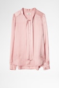 Blusón de satén Taos - Blusón satinado de mujer con cuello con lazada rosa