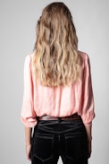 Blusón de satén Taos - Blusón satinado de mujer con cuello con lazada rosa
