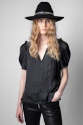 Twisty Satin Top - Women's satin top with black balloon sleeves