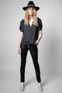 Twisty Satin Top - Women's satin top with black balloon sleeves