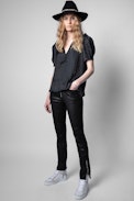 Twisty Satin Top - Women's satin top with black balloon sleeves