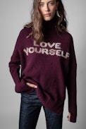 Jersey Alma - Jersey de mujer de cuello vuelto de lana gris Love Yourself