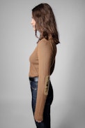 Pull Sourky Cachemire - Pull en cachemire cognac à coudières dorées Femme