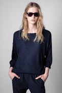 Cashmere Flint Sweater - Woman’s navy blue three-quarter sleeve sweater