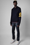 Clay Cashmere Sweater - Men's hoodie in navy blue cashmere adorned with arrows on the sleeves