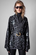 Manteau Maya - Manteau imprimé léopard gris à paillettes Femme