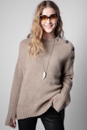 Malta Cashmere Sweater - Women's cappuccino cashmere sweater with shoulder buttons