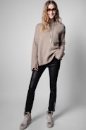 Malta Cashmere Sweater - Women's cappuccino cashmere sweater with shoulder buttons