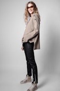 Malta Cashmere Sweater - Women's cappuccino cashmere sweater with shoulder buttons