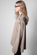 Malta Cashmere Sweater - Women's cappuccino cashmere sweater with shoulder buttons