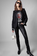 Source Cashmere Sweater - Women’s Love Yourself black breton sweater with rhinestone mouth