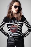 Source Cashmere Sweater - Women’s Love Yourself black breton sweater with rhinestone mouth