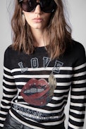 Source Cashmere Sweater - Women’s Love Yourself black breton sweater with rhinestone mouth