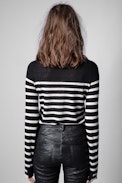 Source Cashmere Sweater - Women’s Love Yourself black breton sweater with rhinestone mouth