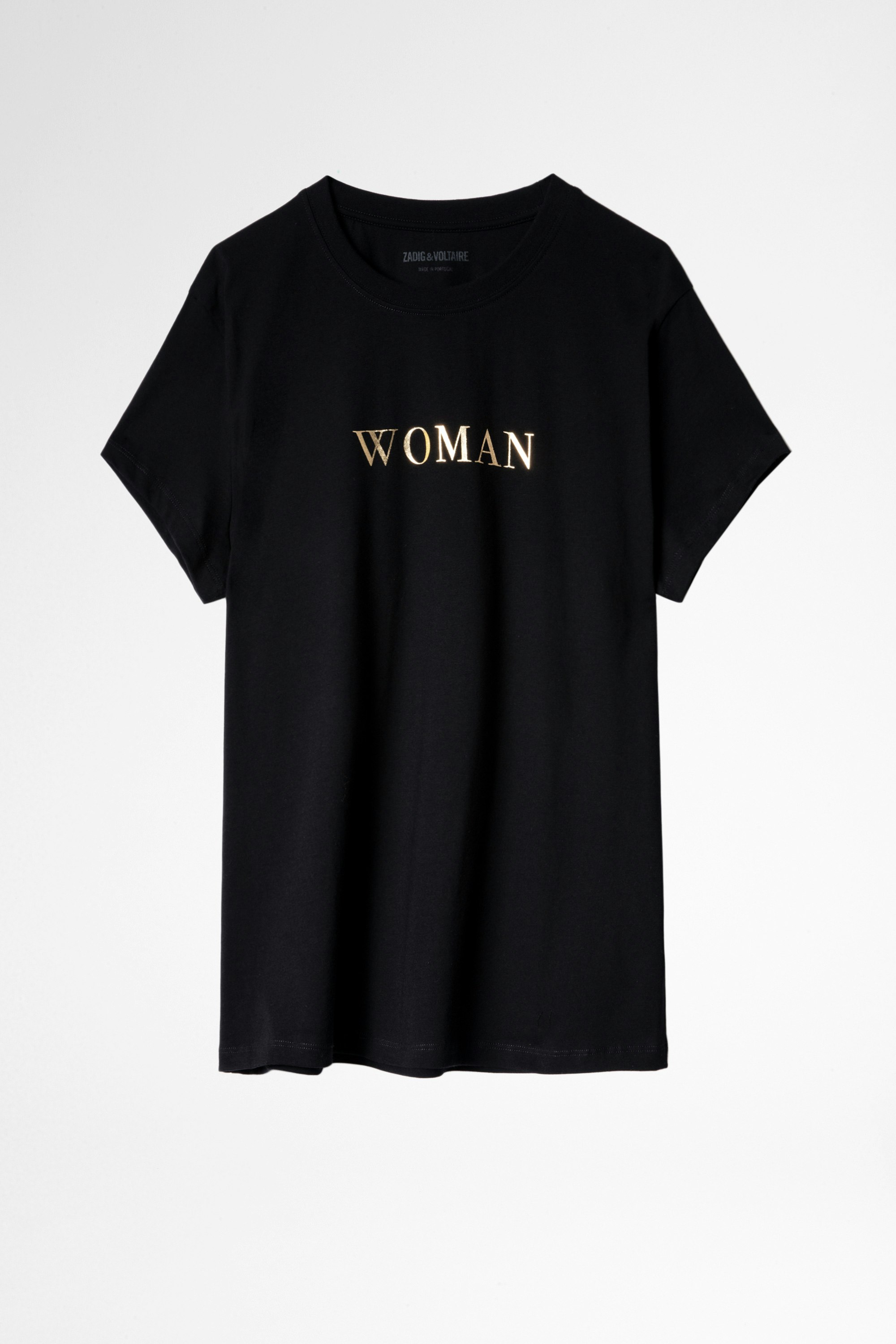 T-Shirt Zoe Schwarzes Damen-T-Shirt aus Baumwolle mit goldfarbenem „Woman“-Schriftzug