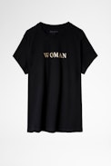 Zoe T-shirt - Women’s black cotton T-shirt with gold ‘Woman’