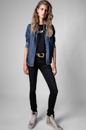 Zoe T-shirt - Women’s black cotton T-shirt with gold ‘Woman’
