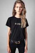 Zoe T-shirt - Women’s black cotton T-shirt with gold ‘Woman’