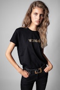 Zoe T-shirt - Women’s black cotton T-shirt with gold ‘Woman’