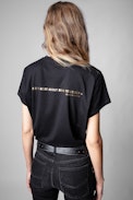 Zoe T-shirt - Women’s black cotton T-shirt with gold ‘Woman’
