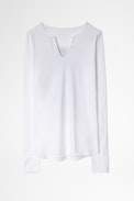 T-Shirt mit Henley-Ausschnitt Photoprint - Damen-T-Shirt aus weißer Baumwolle mit Photoprint