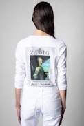 T-Shirt mit Henley-Ausschnitt Photoprint - Damen-T-Shirt aus weißer Baumwolle mit Photoprint