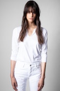 T-Shirt mit Henley-Ausschnitt Photoprint - Damen-T-Shirt aus weißer Baumwolle mit Photoprint