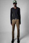 Monastir T-shirt - Men’s black cotton henley neckline T-shirt with skull print