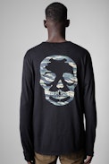 Monastir T-shirt - Men’s black cotton henley neckline T-shirt with skull print