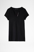 Henley T-shirt - Women’s black cotton henley T-shirt with back print