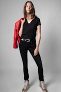Henley T-shirt - Women’s black cotton henley T-shirt with back print