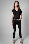 Henley T-shirt - Women’s black cotton henley T-shirt with back print