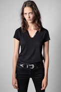 Henley T-shirt - Women’s black cotton henley T-shirt with back print