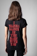 Henley T-shirt - Women’s black cotton henley T-shirt with back print