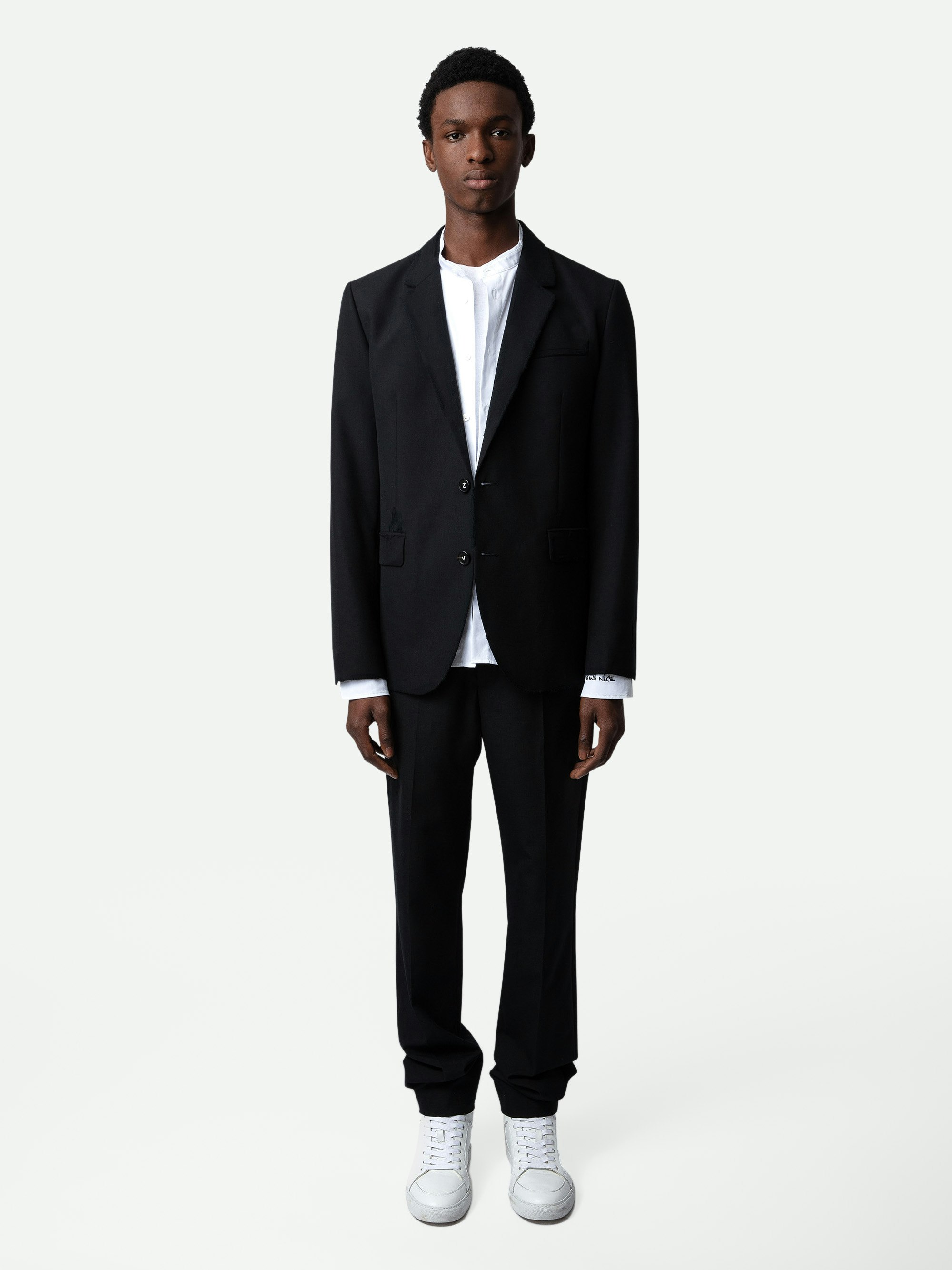 Viks Blazer - Structured black cool wool blazer with button fastening and distressed details.