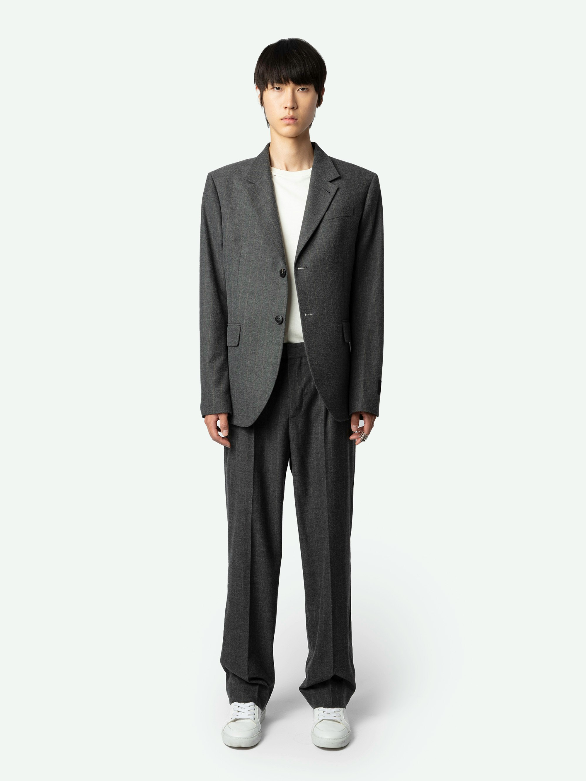 Vanilleh Blazer - Straight mottled grey flannel blazer with stripes, button fastening, pockets and Studio label.