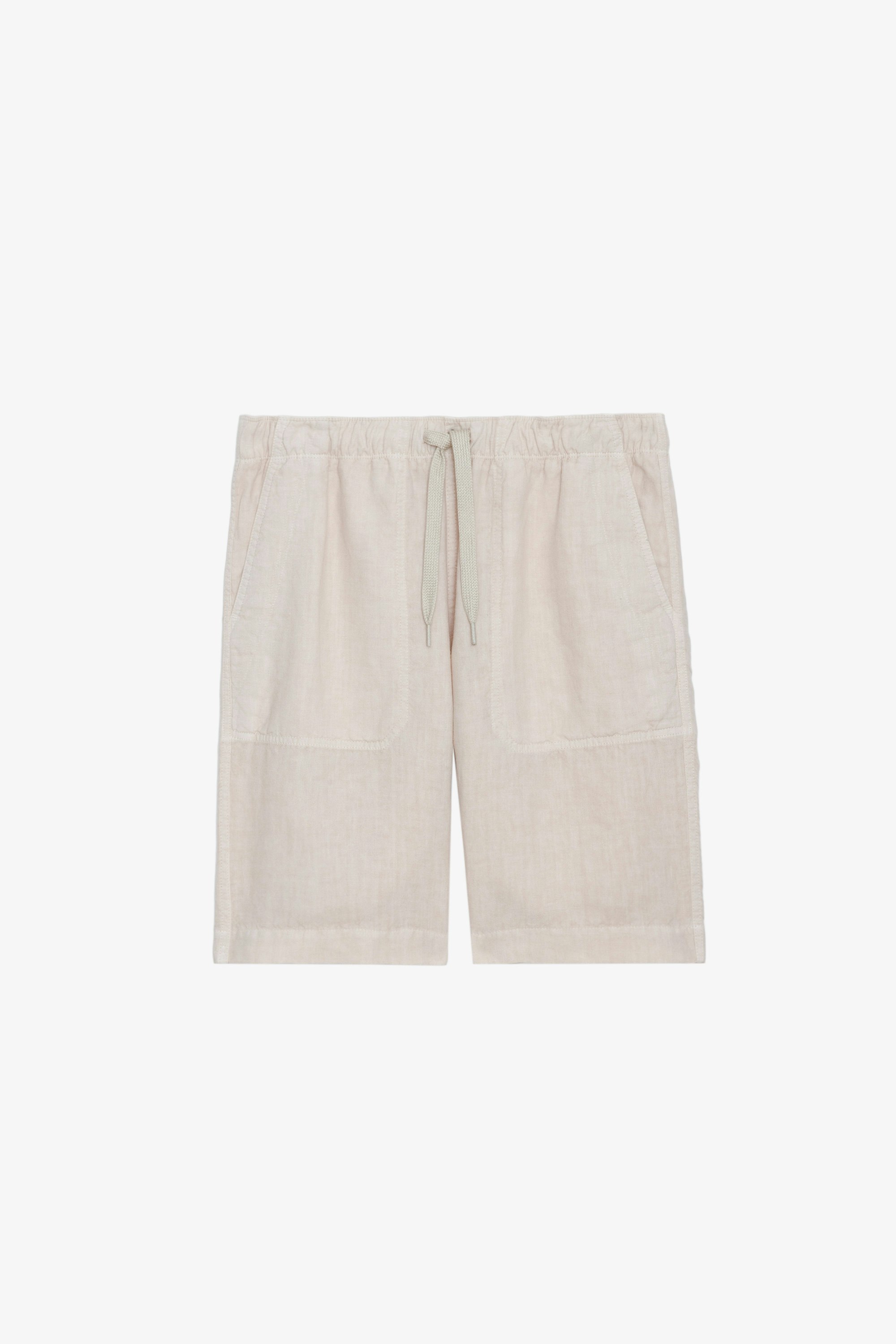 Pixel Linen Bermuda Shorts - Beige washed linen Bermuda shorts with drawstring ties.