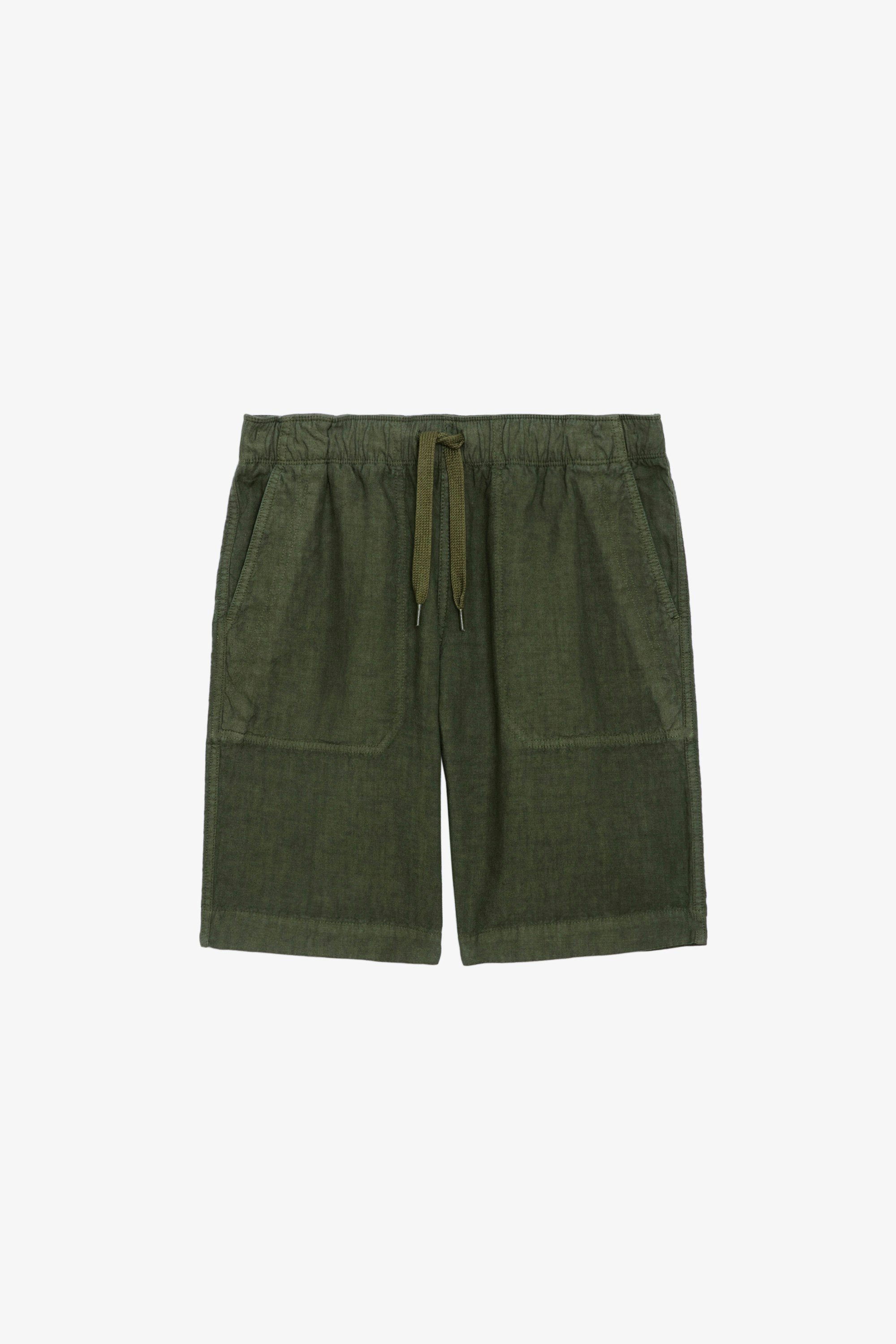 Pixel Linen Bermuda Shorts - Distressed-effect khaki washed linen Bermuda shorts with drawstring ties.