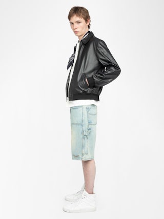 Perys Denim Bermuda Shorts - Knee-length wide-leg bermuda shorts in worker style with seam details and rivets.