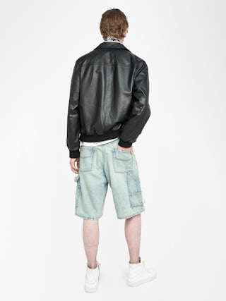 Perys Denim Bermuda Shorts - Knee-length wide-leg bermuda shorts in worker style with seam details and rivets.