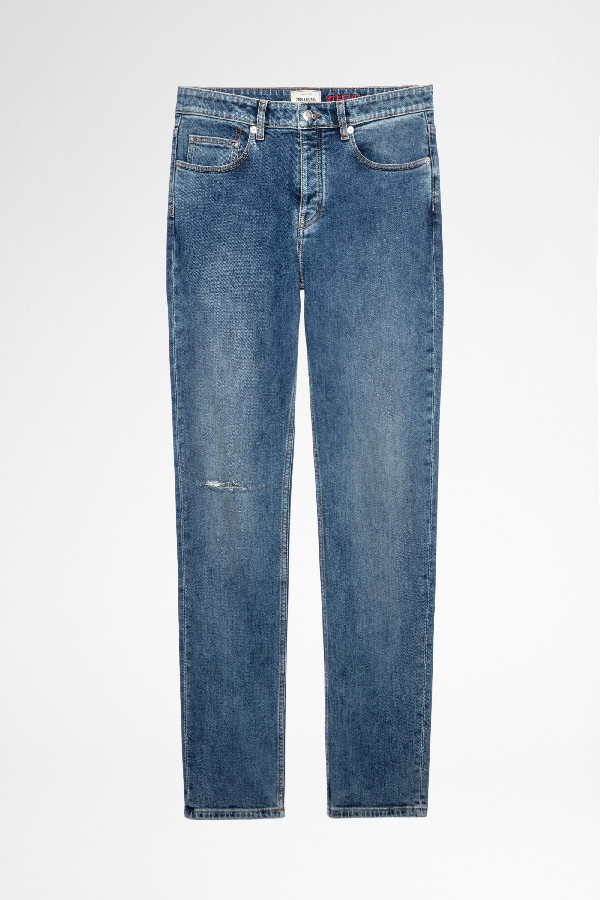 Jeans Steeve Herren-Jeans aus blauem Denim mit Cut am Knie