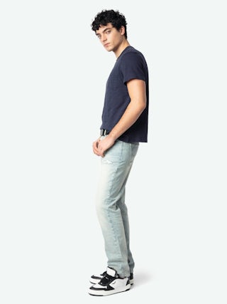 Jeans John - Straight jeans with holes and wear, zip fastening.