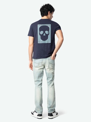 Jeans John - Straight jeans with holes and wear, zip fastening.